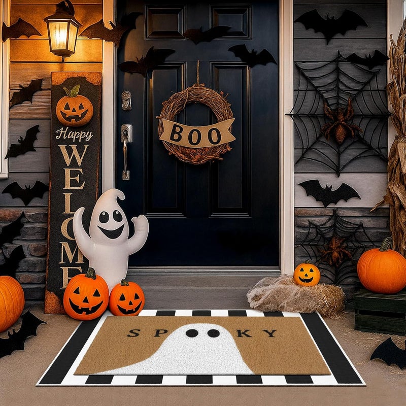 Tinideya 2 Pcs Halloween Doormat Spooky Ghost Outdoor Welcome Mats for Front Door Non Slip Ghost Coir Floor Mat Black White Stripe Halloween Rug for Outside Front Porch Entryway Decor - Image 4
